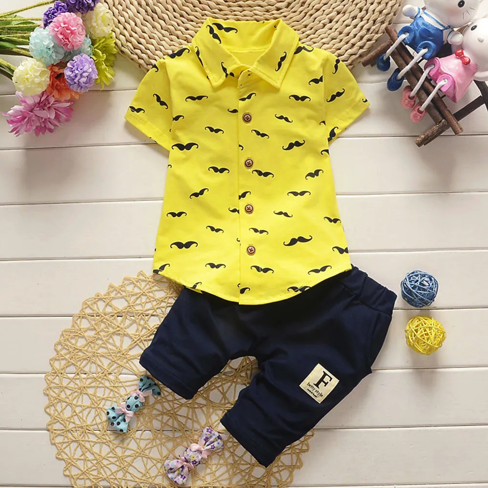 Летняя хлопковая крутая одежда с короткими рукавами для маленьких мальчиков, модный принт с усами, футболка+ однотонные штаны комплект детской одежды из 2 предметов для мальчиков - Цвет: Цвет: желтый