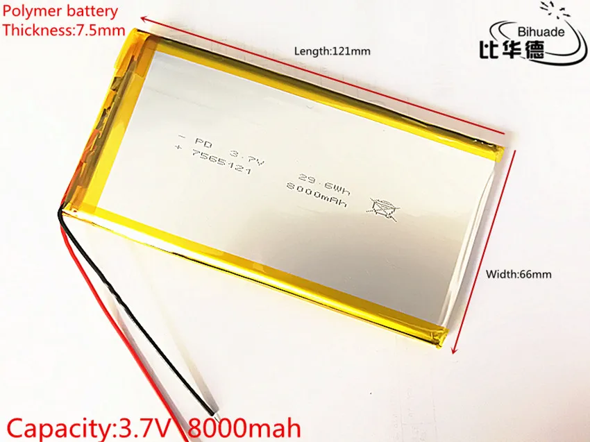 3.7V,8000mAH,7566121 PLIB; polymer lithium ion / Li-ion battery For GPS,mp3,mp4,mp5,dvd,bluetooth,model toy mobile bluetooth
