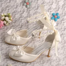 Ankle Pearl Bridal Shoes Ivory Satin 8CM Heel Bow Pumps Dropshipping
