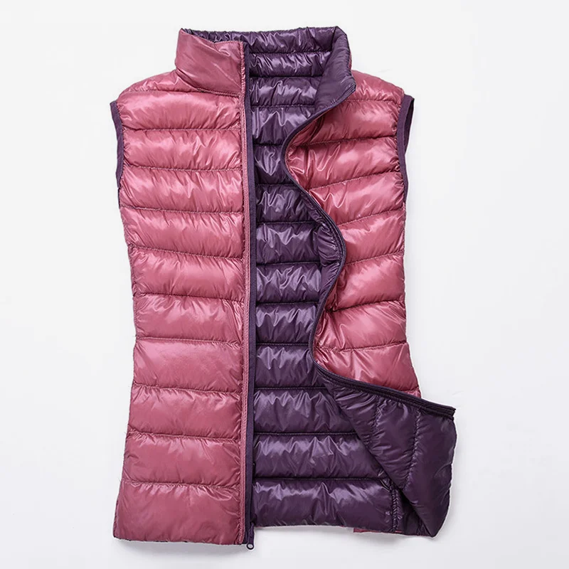 

Duck Down Reversible Women's Warm Vests Sleeveless Quilted Stand Collar Casual Female Jackets 2019 Autumn Winter Woman Waistcoat