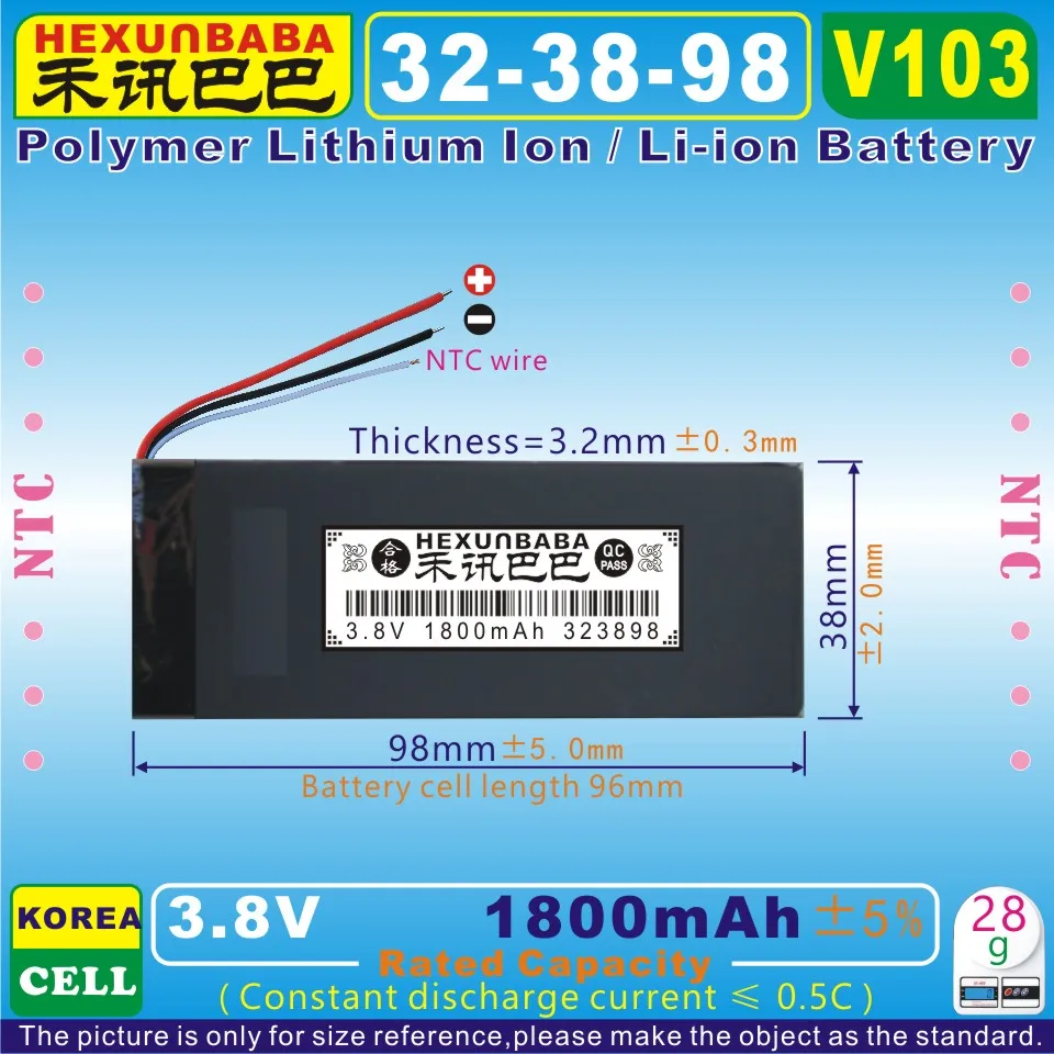 2 шт [V103] 3,8 в, 3,7 в 1800 мАч [323898] NTC, полимерный литий-ионный/литий-ионный аккумулятор для DVD, gps, планшетного компьютера, mp3, сотового телефона, динамика, DVR