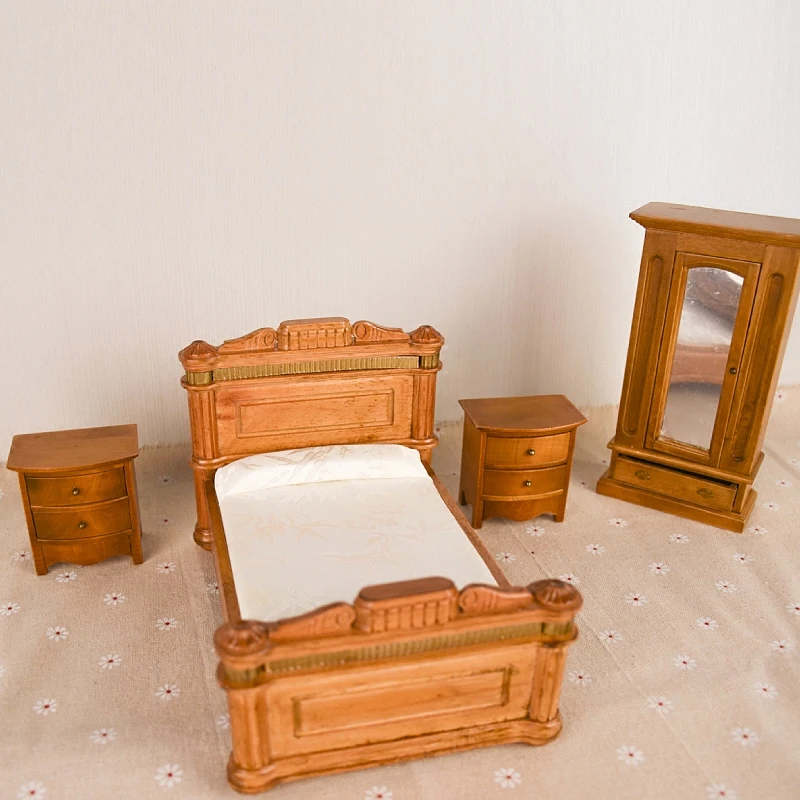 

Doub K 1:12 Dollhouse Furniture toy Wooden simulation Miniature bed wardrobe cabinet pretend play toys for girls dolls gifts