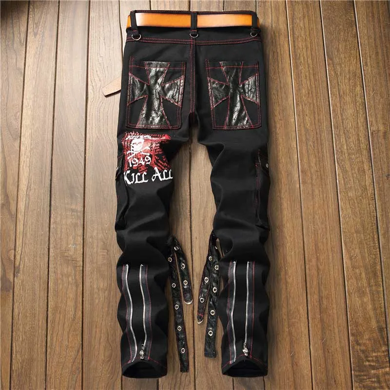 Mcikkny Brand Men's Punk Straight Jeans Letter Printed Denim Trousers Male Streetwear Hip Hop Jeans Pants Multi-pockets  (8)