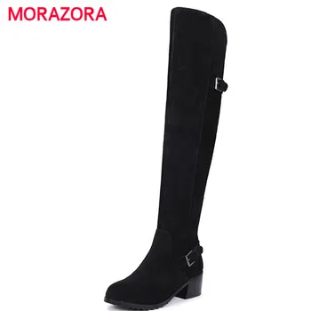 

MORAZORA big size round toe high heel over the knee boots square heel cow suede leather boots autumn winter short plush boots