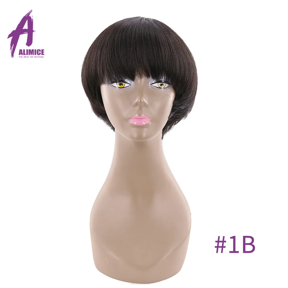 Alimice Hair Short Human Hair Wigs With Baby Hair Bang Non Lace Wig Brazilian Bob Straight Wig For Women Color#1B#2#4 8 inch (28)
