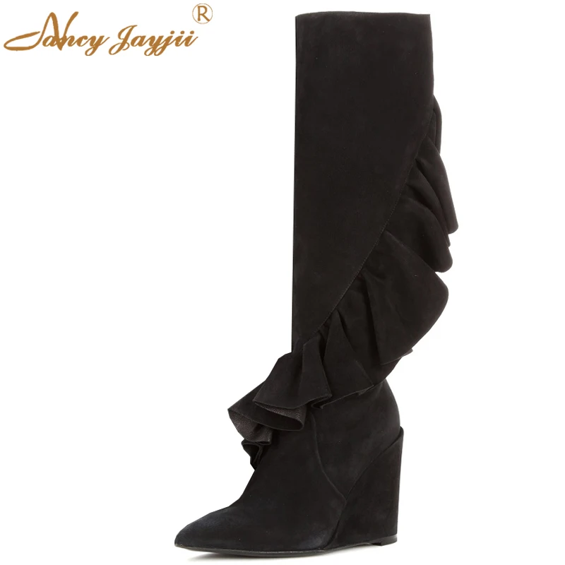 Nancyjayjii Women Fashion Winter Black Knee-High Boots 8cm Wedge Heels Pointed Toe Shoes With Zipper Woman , Large Size 4-16.
