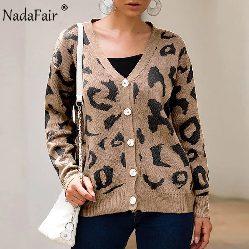 

Nadafair Knitted Cardigan Sweaters Women Autumn Oversized Leopard Cardigan Coat V Neck Winter Sweater Jumper Pull Femme