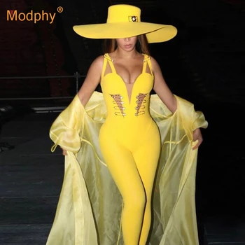 

2019 Winter New Women'S Sexy Yellow Black Bandage Jumpsuit Sleeveless Hollow Metal Buckle Bodycon Club Party Christmas Jumpsuit