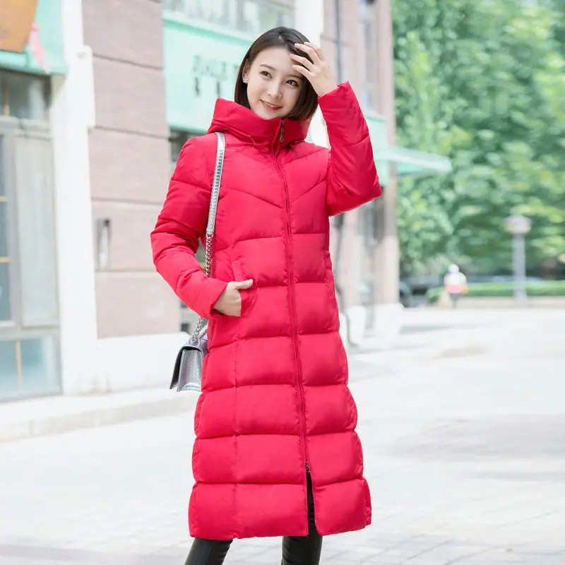 Great Red High quality Stand Collar Hooded Coat women Winter slim waist Warm Thicken long parkas plus size Solid Padded Parka 4XL - Цвет: Great Red