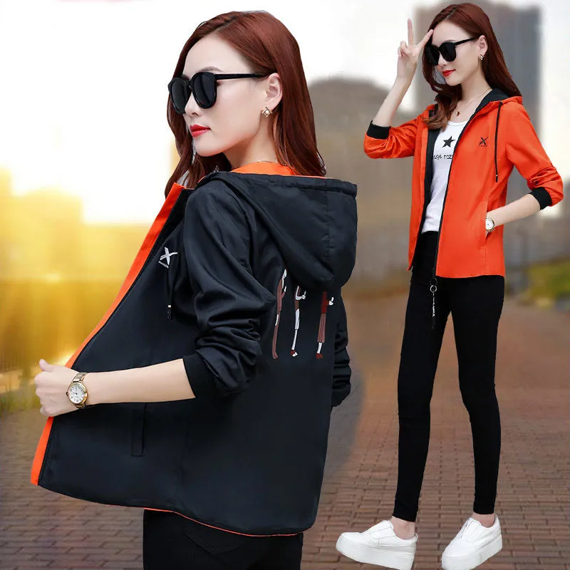 Promo  Spring women Bomber Jacket Zipper hooded Reversible wear Cartoon print outwear 2019 new loose plus 