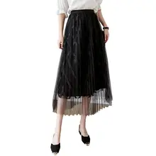 Модная Корейская Новая женская летняя юбка высокая эластичность Черные Сетчатые юбки-пачки плиссированные женские юбки до середины икры Jupe Saias faldas