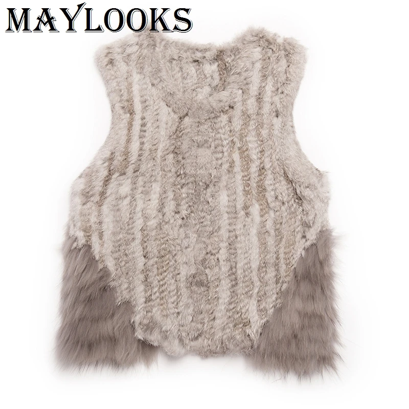 2018 натуральный мех Maylooks новый круглый вырез однотонный настоящий классический вязаный кроличий мех енота нижний жилет Топ Chaleco жилет Cs106