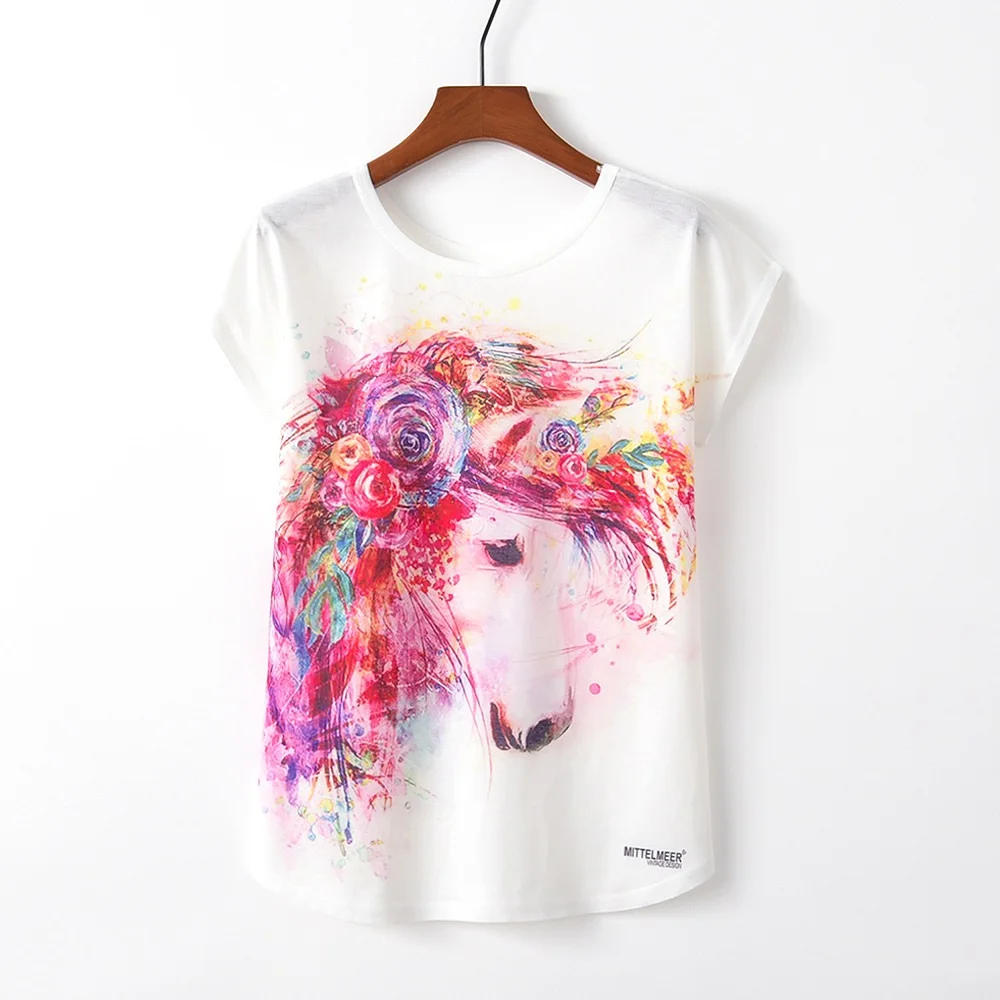 Summer Autumn Women T-Shirts for Girls Harajuku Kawaii Cute Style Bird Print Loose T-shirt New Casual Lady Short Sleeve Tops Tee - Цвет: M033 Horse head