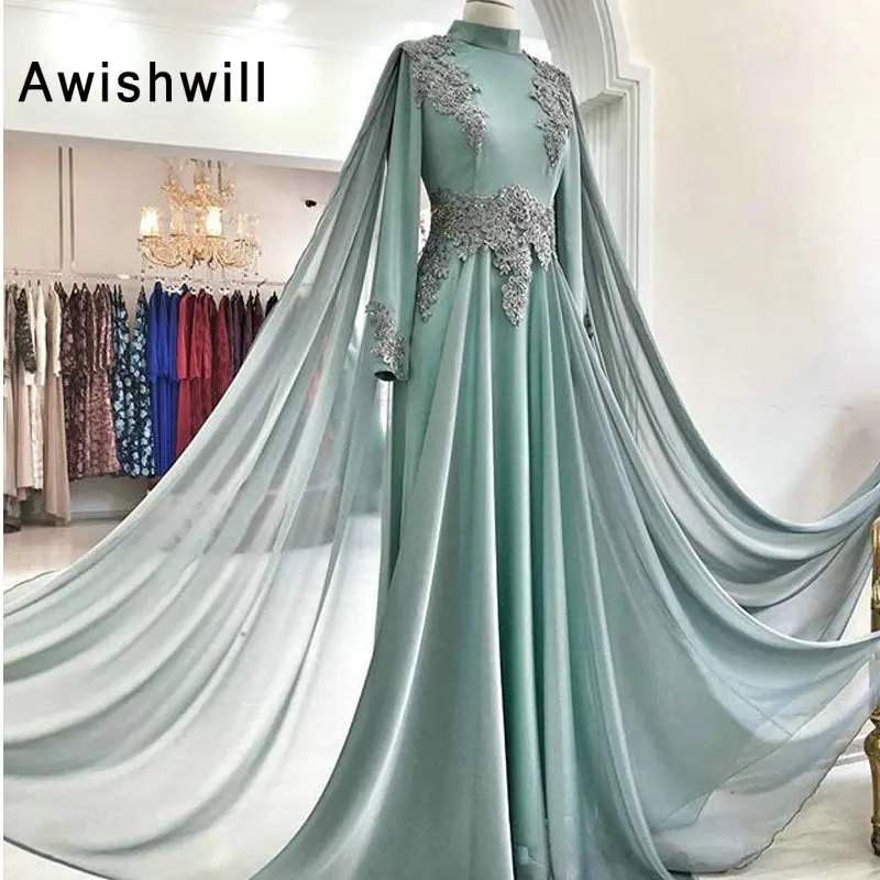 Элегантные вечерние платья с мыс Высокое декольте аппликации платье для выпускного вечера для вечерние Вечерние платья одежда с длинным рукавом арабский вечернее платье
