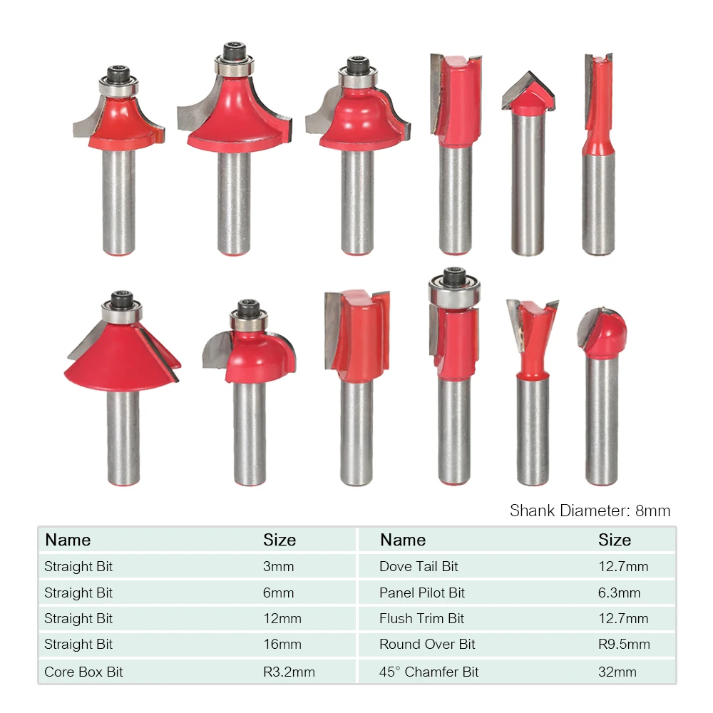 12 шт. фрезы Набор бит 8 мм Карбид фрезы хвостовик фрезы деревообрабатывающие резцы инструмент для ручной гравировки резки