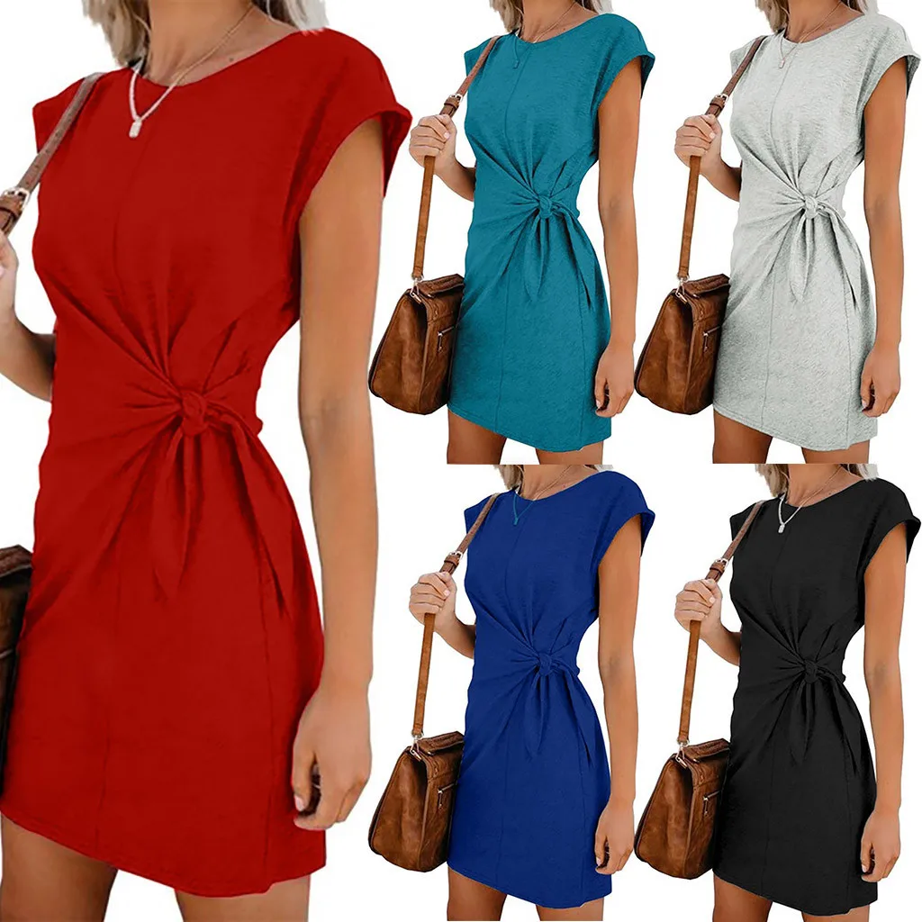 

2019 Summer Women's Fashion Pure Colour Round Neck Simple Solid Sleeveless O-Neck Dresses #30