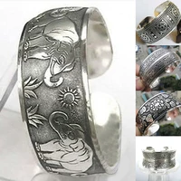 Vintage Tibetan Silver Elephant Carved Open Bangle Cuff Wide Bracelet Jewelry NEW Gypsy Square Flower Metal Tibetan Silver 1
