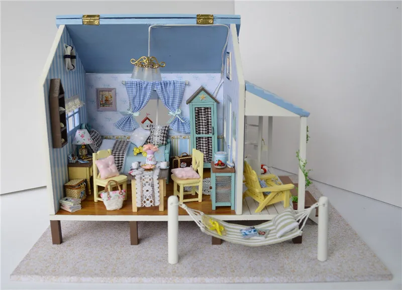  TOP Brand DIY 3D Wooden Doll house miniature with LED+Furniture Beach Villa Tanabata Valentine's Day Room for children Lover  (3)
