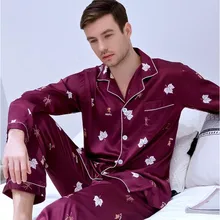 Мужская одежда для сна размера плюс, сатин, шелк, лед, длинный рукав, принт, шелк, костюм для отдыха, домашняя одежда, все сезоны, пижамы J019