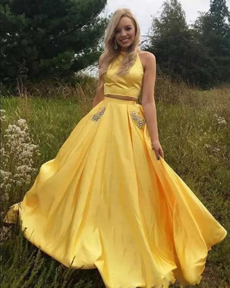 Лидер продаж Линия Jewel Двойка желтые платья на выпускной развертки поезд атласная Кристалл нижней части спины девушки платья для