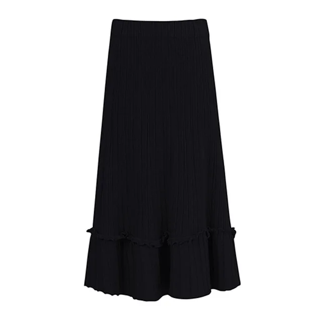 Autumn Winter High Waist A line Cashmere Rib Knit Long Skirt Elegant