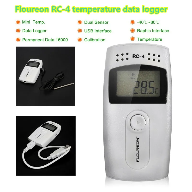 

RC-4 USB Temperature Data logger Datalogger Mini LCD Digital Temperature Recorder Built-in External Sensor 16000 Points