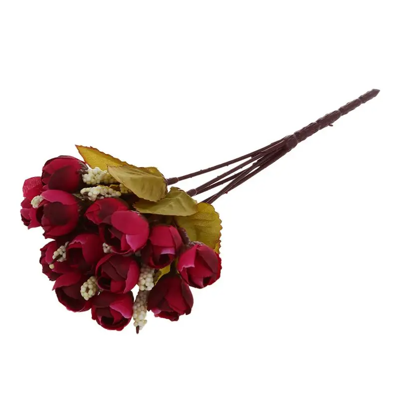 

Silk cloth artificial flower 15 heads Mini Rose Home Decor for wedding small roses bouquet decoration (Autumn wine red)