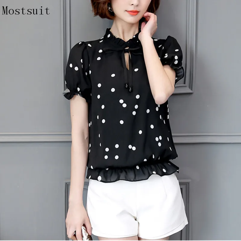 

Black And White Chiffon Blusas Femininas Women Summer Polka Dot Printed Bow Tie Blouses Short Sleeve Tunic Shirt Tops Korean