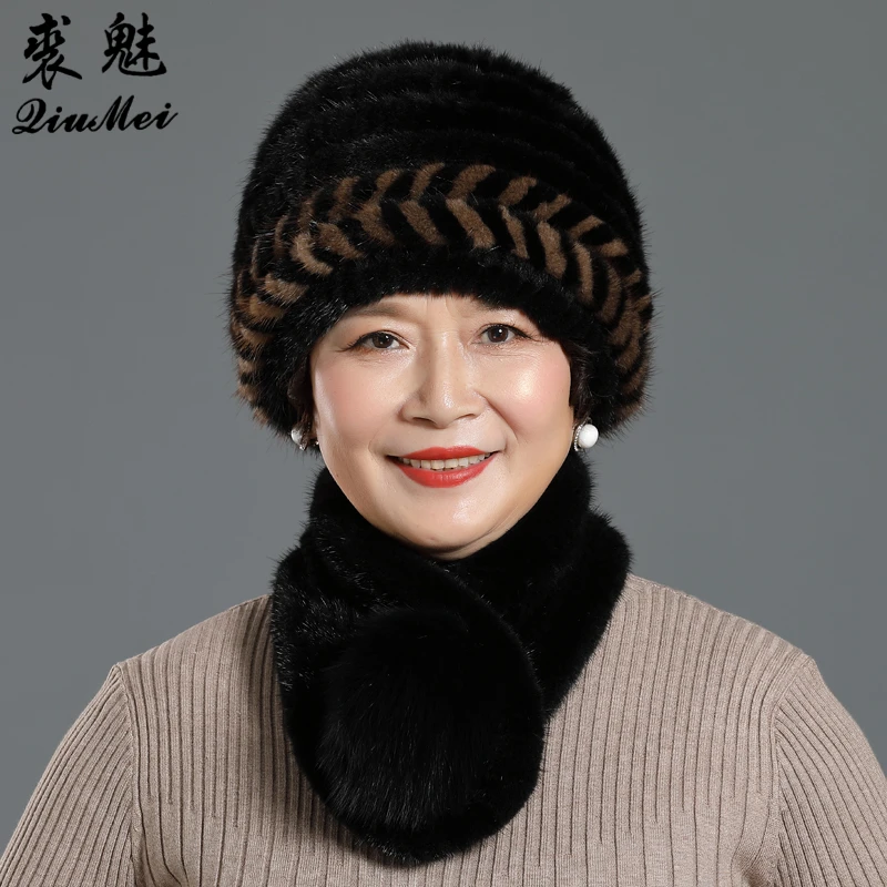 

Lady Winter Genuine Mink Fur Hats Scarves With Real Fox Ball Knit Women Warm Natural Fur Caps Scarves Sets 2 Pieces Hat Muffle