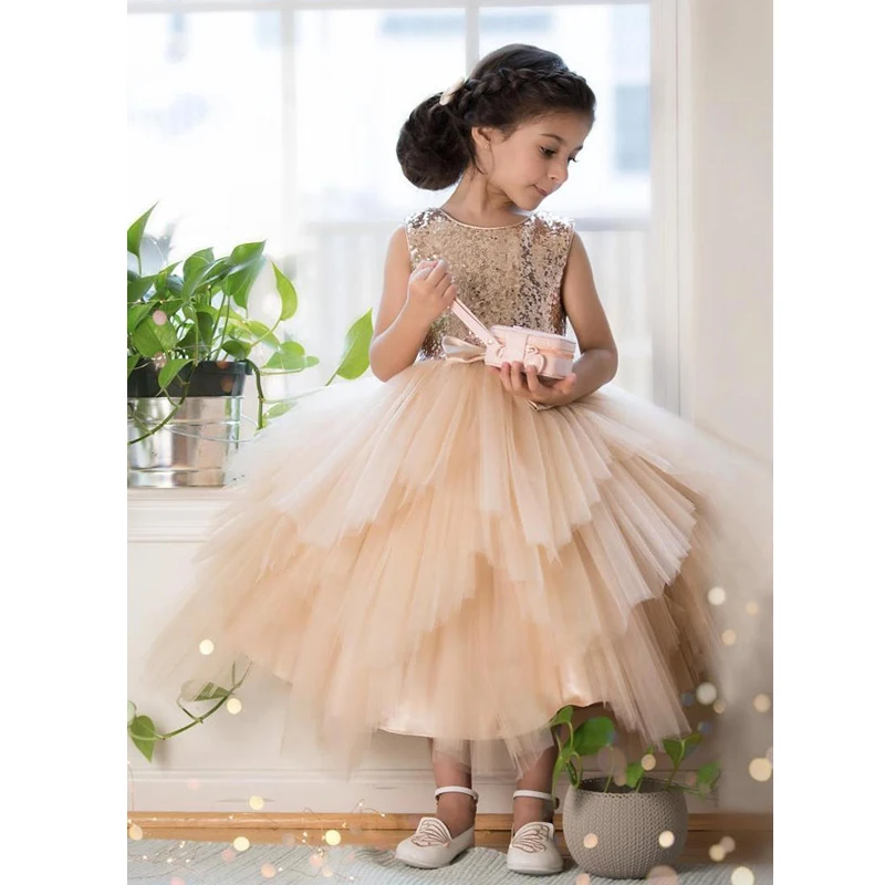 

Champagne Tulle Flower Girl Dress Birthday Wedding Party Holiday Gold Sequins Communion Dresses Pageant Gown For Girls Vestido