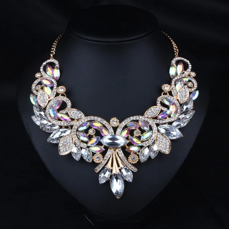 Women's Chain Pendant Collar Choker Statement Crystal Bib Earrings Necklace Set 