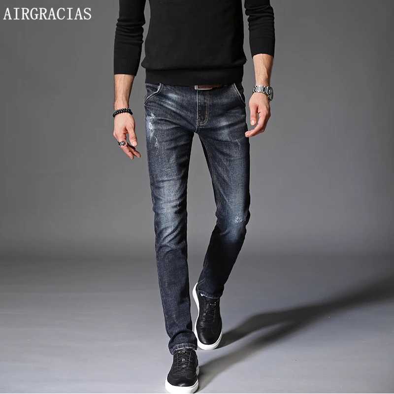 

AIRGRACIAS 2018 New Men Skinny Cotton Jeans Stretch Fashion Classic Dark Blue Slim Brand Jeans Male Trousers Plus Size 34 36 38
