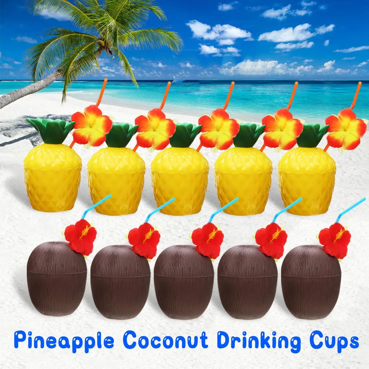 

Plastic Tropical Coconut/Pineapple Cup Bottle With Straw Summer Hawaii Luau Party Beach Pool Party Home Kitchen Bar Decoration