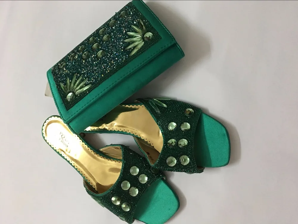 

Teal green low heel slippers size 40 with many stones for african wedding italy shoes and bag matching set free shipping onsales