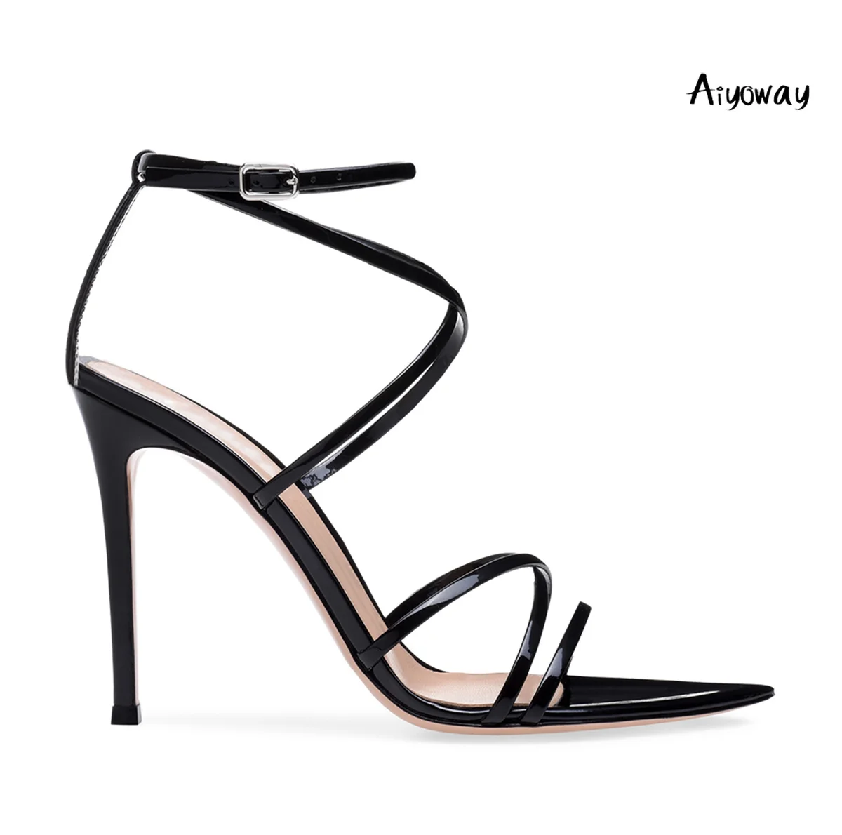 

Aiyoway 2019 Spring Women Shoes Pointed Toe High Heels Sandals Cross Strap Ankle Buckle Wedding Party Shoes Black Silver