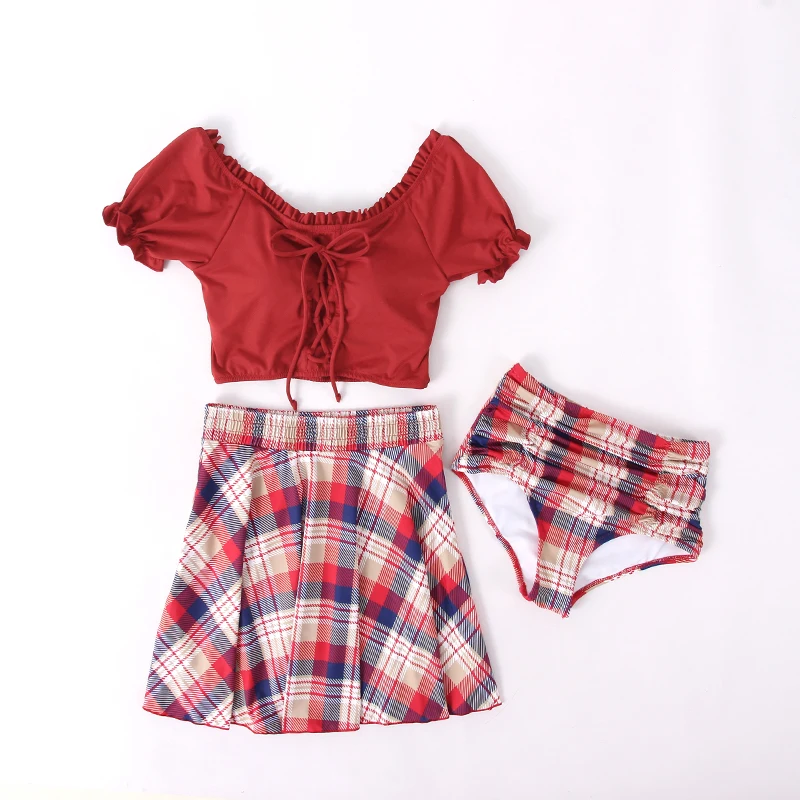 

2019 New arrival High Quality Plaid bikini Swimsuit Young girl split Swimwear lovely Three-piece suit Beach Women bathing suits