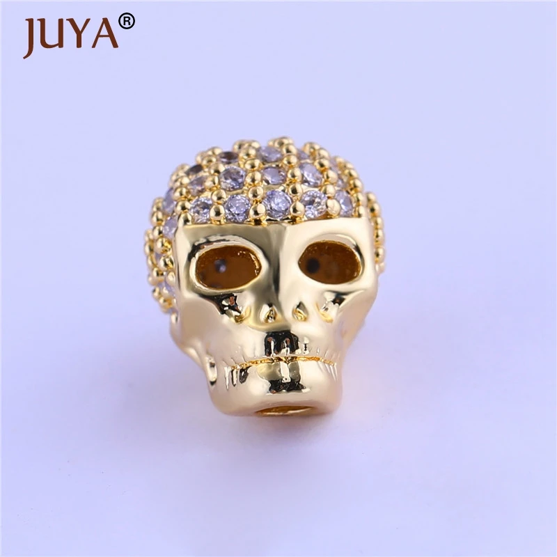 

Top Quality Copper Metal Micro Pave CZ Rhinestone Skull Beads Charms For DIY Men Beaded Bracelet Accessories Spacer Beads