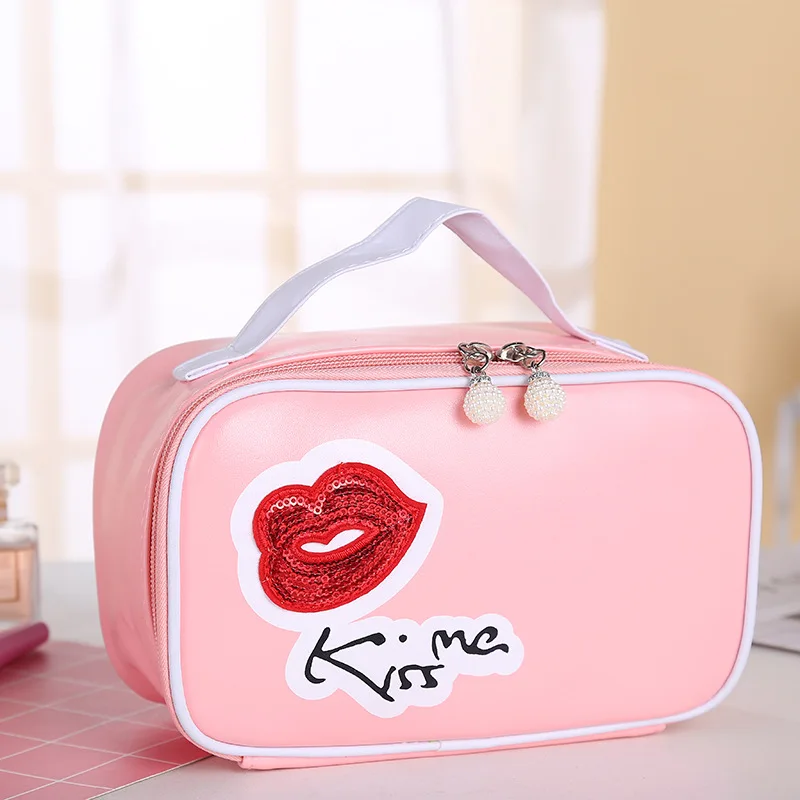  Portable Black Pink Cosmetic Bag Female Cosmetic Bag Red Lips Letter Fashion Women's Travel Storage