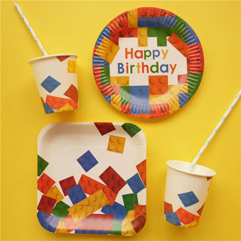 

8pcs/lot Lego Party Decorations Building Blocks Disposable Tableware Set Plates Cups Kids Birthday Party Decor Supplies