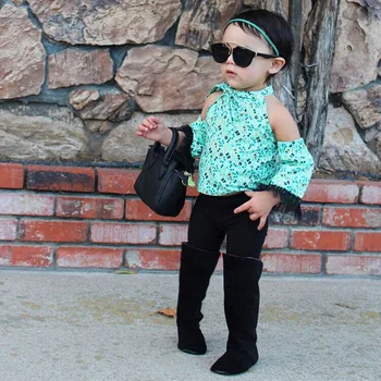 

Roimyal Wholesale 2019 new Girls Suit toddler kids green lace Flower printedShoulder Sleeves+jeans Trousers 2pcs clothing sets