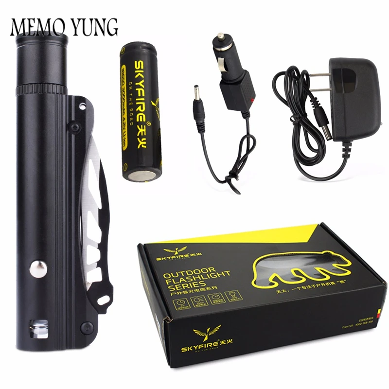 SKYFIRE Waterproof LED Flashlight with Rechargeable 18650 led battery self defense Knife USB charger and Arc Fire Lighter SKYFIRE Waterproof LED Flashlight with Rechargeable 18650 led battery self defense Knife USB charger and Arc Fire Lighter
