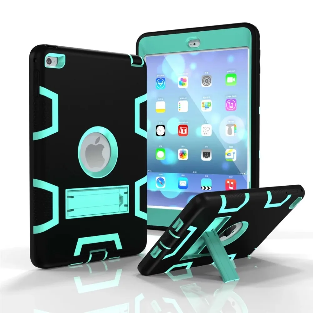 

2016 Coque Case for iPad Mini 4 Heavy Duty Plastic+Rubber Cover Case for iPad Mini 4 Hybrid Skin 3in 1 with Stand Holder 12C