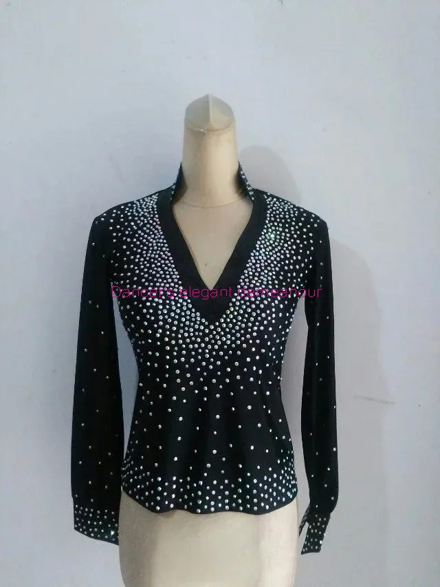 

New men's Latin dance costumes sexy spandex stones long sleeves latin dance shirt for men's latin dance shirts xs-6xl 0017