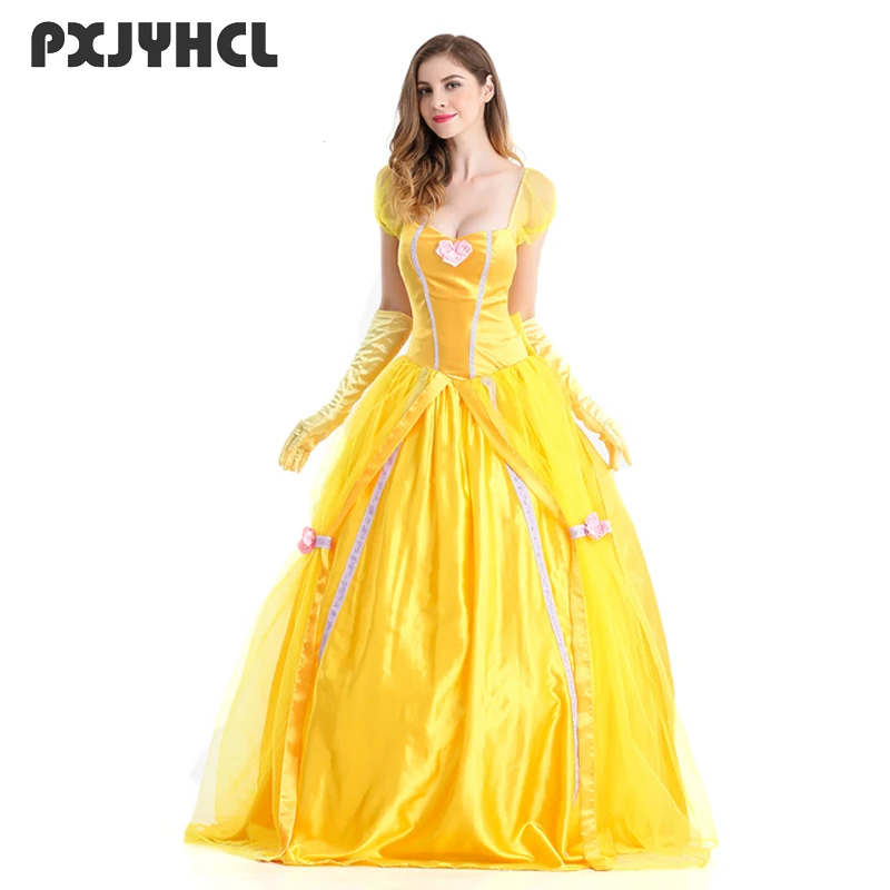 

Halloween Beauty and the Beast Costumes Adult Belle Princess Dresses Women Party Fancy Flower Yellow Long Dress Anime Cosplay