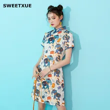 SWEETXUE мультфильм ретро молодой Cheongsam модифицированное мини платье Лето слон печати короткий рукав, разрез Молодежные платья