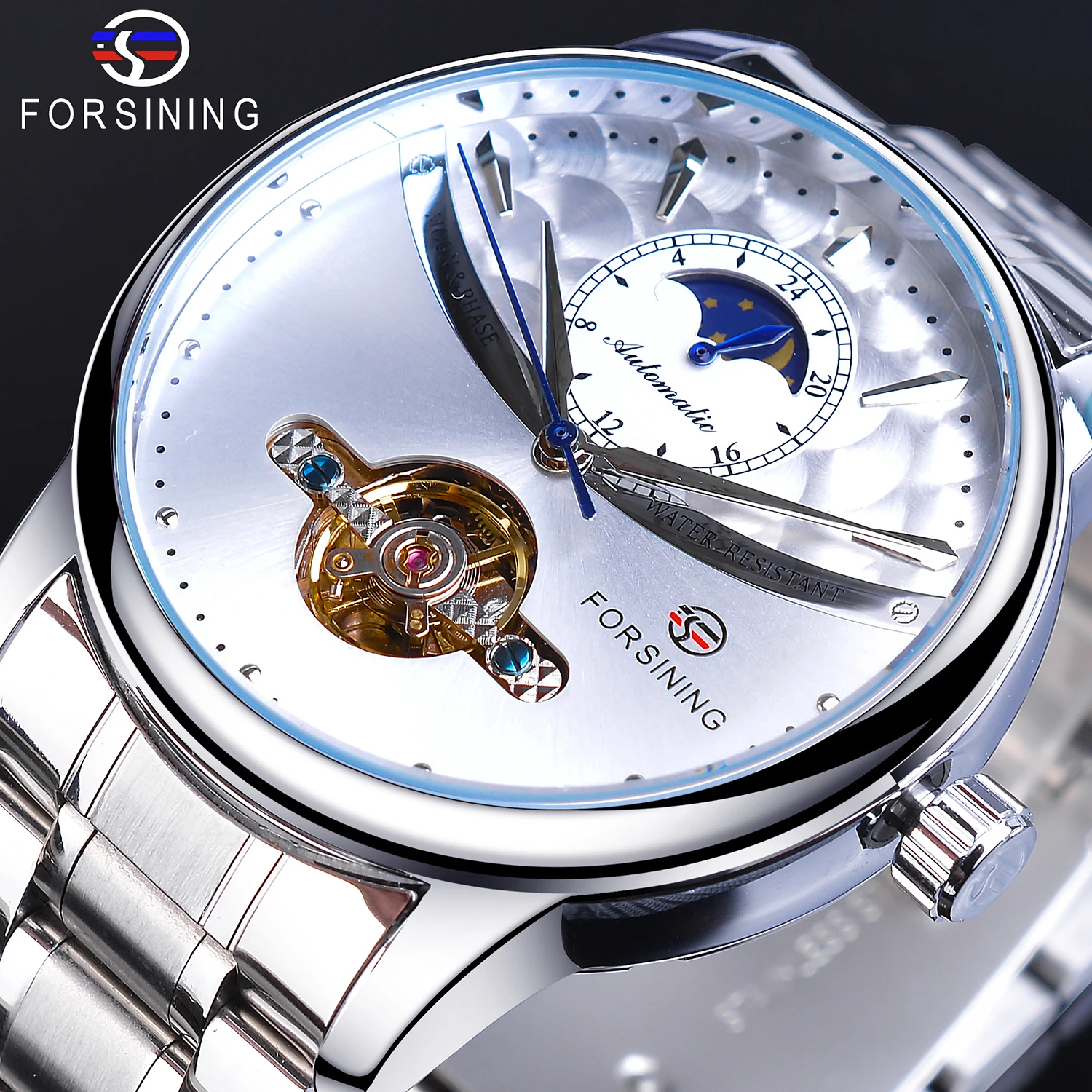 

Forsining Men Automatic Watches Silver White Brand Tourbillon Moon Phase Stainless Steel Mechanical Wristwatch Relogio Masculino