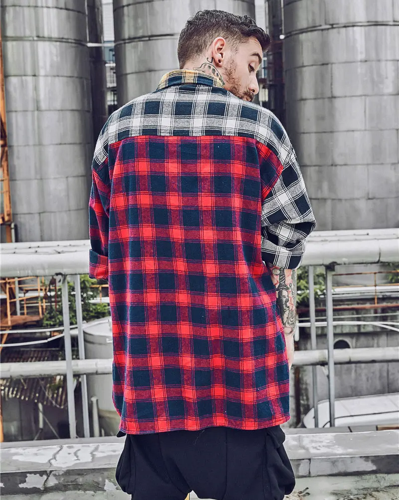 Color Block Patchwork Plaid Long Sleeve Shirts 2