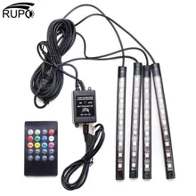 RUPO 4pcs Car Interior Atmosphere Flexible USB RGB 9 LED Strip Light Car Auto Music Remote Control Decorative Lamp Kit DC12V