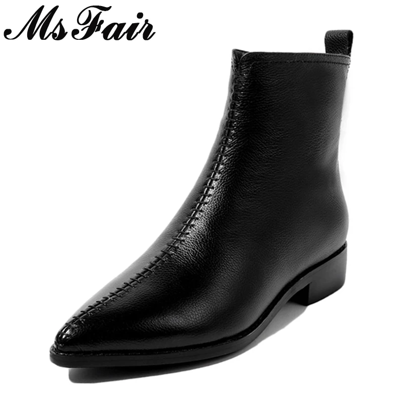 

MsFair Pointed Toe Low Heel Women Boots Genuine Leather Ladies Ankle Boot 2017 New Winter Zipper Sewing Women's Boots Shoes