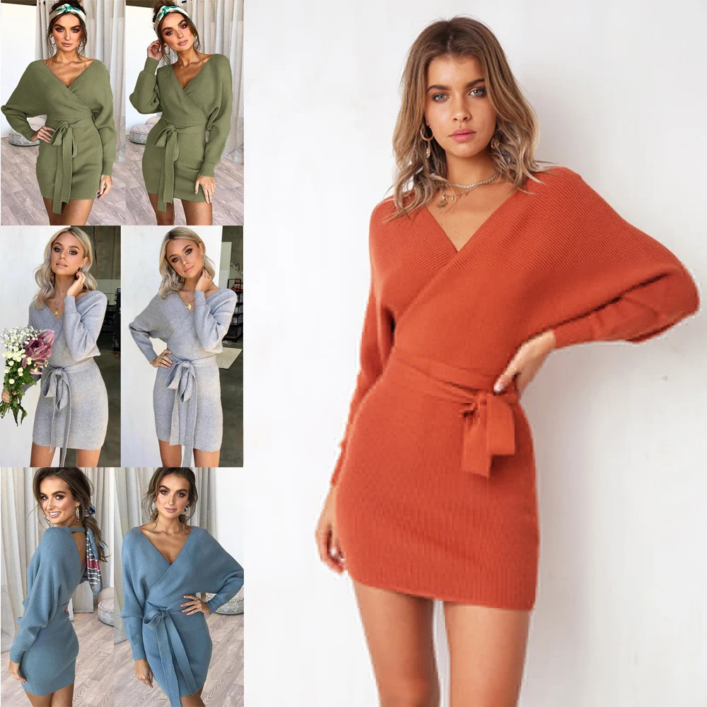 

Plus Size Large Knit Mini Dress Women Warm Knitted Tunic Dresses Autumn Winter Long Sleeve V-neck Bodycon Slim Party Clothing